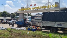 Nhiều xe tải đậu trước chợ đầu mối chờ giao, nhận hàng.