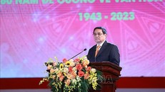 Thủ tướng Phạm Minh Chính trình bày diễn văn Kỷ niệm 80 năm Đề cương về Văn hóa Việt Nam. Ảnh: Dương Giang/TTXVN.