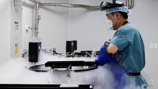 Một nhân viên phòng thí nghiệm kiểm tra bể sinh học chứa trứng trữ đông. Ảnh: Japan Times. 