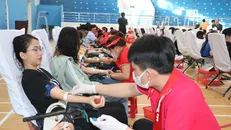 Đoàn viên thanh niên, người dân tham gia hiến máu. Ảnh: Đinh Hương/TTXVN.