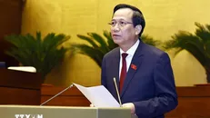 Bộ trưởng Bộ Lao động - Thương binh và Xã hội Đào Ngọc Dung, thừa ủy quyền của Thủ tướng Chính phủ trình bày Tờ trình về dự án Luật Việc làm (sửa đổi). Ảnh: Doãn Tấn/TTXVN.