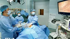 Năm 2018 kết thúc với một tin vui khi kỹ thuật phẫu thuật nội soi tuyến giáp một lỗ của Thạc sỹ-bác sỹ Phan Hoàng Hiệp, Trưởng khoa Điều trị kỹ thuật cao, bệnh viện Nội tiết Trung ương, được bình chọn là một trong 10 thành tựu khoa học công nghệ xuất sắc nhất Việt Nam. Ảnh: Dương Ngọc/TTXVN.