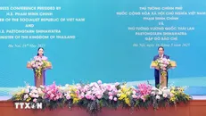 Thủ tướng Phạm Minh Chính và Thủ tướng Thái Lan Paetongtarn Shinawatra công bố Việt Nam và Thái Lan nâng cấp quan hệ lên Đối tác Chiến lược Toàn diện. Ảnh: Dương Giang/TTXVN