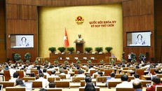 Bộ trưởng Bộ Nội vụ Phạm Thị Thanh Trà trình bày Tờ trình về việc sắp xếp đơn vị hành chính cấp tỉnh năm 2025. Ảnh: Doãn Tấn/TTXVN.