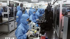 Dây chuyền sản xuất module camera và linh kiện điện tử xuất khẩu tại nhà máy của Công ty trách nhiệm hữu hạn MCNEX VINA (100% vốn Hàn Quốc), khu công nghiệp Phúc Sơn, tỉnh Ninh Bình. Ảnh: Vũ Sinh/TTXVN.