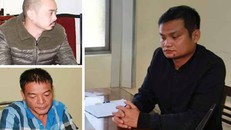 Đối tượng Trần Thế Hùng (áo đen), Ngô Minh An (áo kẻ) và Lê Hồng Trung tại cơ quan công an.