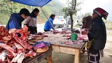 Người dân Sa Pa bán thịt trâu theo vệ đường trên Quốc lộ 4D