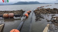 Hệ thống hút bùn thi công đê chắn sóng cảng Chân Mây đưa bùn vào đất liền.