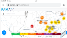 Số liệu quan trắc chất lượng không khí trên ứng dụng online Pam Air, tại Hà Nội trong sáng 24/9. (Ảnh: Chụp màn hình)