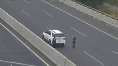 Hình ảnh người người phụ nữ dừng xe chụp ảnh ngay trên đường cao tốc. (Ảnh cắt từ clip)