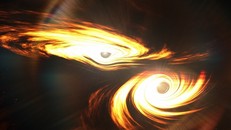 Hình ảnh mô phỏng quá trình hợp nhất giữa hai hố đen gần 7 tỷ năm trước để tạo ra GW190521. Ảnh: Mark Myers.