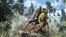 Phục dựng khoảnh khắc cuối cùng của khủng long Ornithopod vị thành niên trong hàm của một con cá sấu Kỷ Phấn Trắng. Ảnh: Endependent 