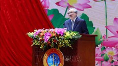 Đồng chí Nguyễn Hoà Bình, Uỷ viên Bộ Chính trị, Bí thư Trung ương Đảng, Chánh án Tòa án nhân dân Tối cao phát biểu. Ảnh: Phạm Kiên/TTXVN 