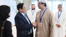 Thủ tướng Phạm Minh Chính gặp Phó Tổng thống UAE Sheikh Mansour Bin Zayed Al Nahyan. Ảnh: Dương Giang