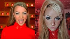 Britney Spears (phải) trong một video âm nhạc và cô gái Allegra DuVal gây chú ý vì có vẻ ngoài giống nữ ca sĩ nổi tiếng. Ảnh: Allegra DuVal/SWNS