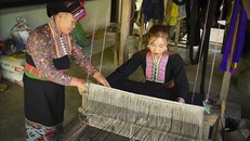 Phụ nữ dân tộc Lào truyền dạy nghề dệt vải thổ cẩm cho thế hệ trẻ. 