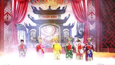 Dàn nghệ sĩ đóng vai các Táo quân báo cáo tại Thiên cung. Ảnh: VTV