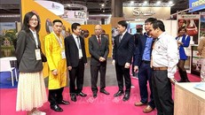 Đại sứ Việt Nam tại Pháp Đinh Toàn Thắng đến tham quan các gian hàng, động viên sự nỗ lực tham gia Hội chợ IFTM Top Resa của Sở Du lịch Hà Nội và các doanh nghiệp lữ hành Việt Nam. Ảnh: Hữu Chiến/TTXVN