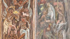 Tác phẩm "Gia đình" (trái) và "Cá, quả lựu và gia đình" năm 1954 của họa sĩ của Lee Jung-seob. (Ảnh: Seoul Auction/K Auction)