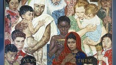 "Đối xử với người khác theo cách mà mình muốn được đối xử". Bức tranh khảm "Golden Rules" (Quy tắc vàng), dựa trên bức tranh của nghệ sĩ Mỹ Norman Rockwell, được trưng bày tại UNHQ ở New York. 