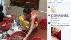 Cô dâu xinh đẹp mặc nguyên áo cưới rửa bát ở nhà chồng 