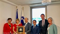 Đại sứ Việt Nam tại Áo kiêm nhiệm Slovenia Lê Dũng làm việc và tặng Quốc vụ khanh (Thứ trưởng) Bộ Nông Lâm nghiệp và Thực phẩm Slovenia Tanja Strnica. (Nguồn: Đại sứ quán Việt Nam tại Slovenia)