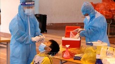 Nhân viên y tế Phú Thọ tổ chức lấy mẫu xét nghiệm lần 3 cho học sinh Trường tiểu học Bạch Hạc. Ảnh: Trung Kiên/TTXVN