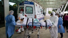 Nhân viên y tế chuyển bệnh nhân COVID-19 vào bệnh viện ở bang Amazon, Brazil. Ảnh: AFP/TTXVN