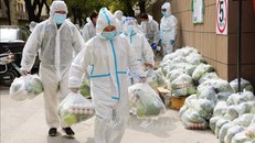 Nhân viên tình nguyện chuyển thực phẩm cho người dân tại các khu vực phong tỏa ở Thượng Hải, Trung Quốc, ngày 28/3/2022. Ảnh: THX/TTXVN