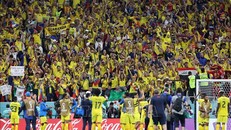 Các cổ động viên Ecuador mừng chiến thắng sau trận gặp Qatar tại bảng A World Cup 2022 trên Sân vận động Al-Bayt ở Al Khor, Qatar, ngày 20/11/2022. Ảnh: AFP/TTXVN