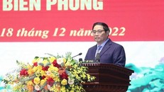 Thủ tướng Phạm Minh Chính phát biểu tại buổi đến thăm và làm việc với Bộ Tư lệnh Bộ đội Biên phòng. (Ảnh: Dương Giang/TTXVN)