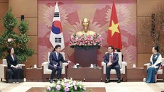 Chủ tịch Quốc hội Vương Đình Huệ và phu nhân tiếp Chủ tịch Quốc hội Hàn Quốc Kim Jin-pyo và phu nhân. (Ảnh: Doãn Tấn/TTXVN)