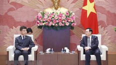 Chủ tịch Quốc hội Vương Đình Huệ tiếp Chủ tịch Đảng Dân chủ Lập hiến Nhật Bản Izumi Kenta. (Ảnh: Doãn Tấn/TTXVN)