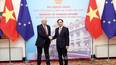 Bộ trưởng Ngoại giao Bùi Thanh Sơn đón Phó Chủ tịch Ủy ban Châu Âu (EC), Đại diện cấp cao Liên minh Châu Âu (EU) về Chính sách đối ngoại và An ninh Josep Borrell Fontelles. Ảnh: An Đăng/TTXVN