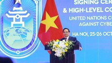 Thủ tướng Phạm Minh Chính phát biểu tại cuộc gặp gỡ báo chí Lễ mở ký và Hội nghị cấp cao Công ước của Liên hợp quốc về chống tội phạm mạng.