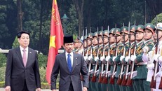 Chủ tịch nước Lương Cường và Quốc vương Brunei Darussalam Haji Hassanal Bolkiah duyệt Đội danh dự Quân đội nhân dân Việt Nam.