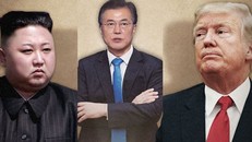 Tổng thống Hàn Quốc Moon Jae-in, giữa, Tổng thống Mỹ Trump, phải và lãnh đạo Triều Tiên Kim Jong-un, trái. Ảnh: Korea Herald.