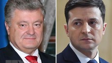 Tổng thống đương nhiệm Ukraine Petro Poroshenko (trái) và ứng cử viên tranh cử Tổng thống Volodymyr Zelensky (phải). (Nguồn: AFP/TTXVN)