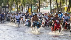 Triều cường gây ngập sâu trên đường Mậu Thân, quận Ninh Kiều khiến việc đi lại của người dân gặp khó khăn. (Ảnh: Thanh Liêm/TTXVN)