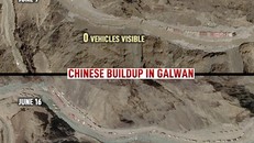 Hình ảnh vệ tinh cho thấy không có phương tiện nào hôm 9-6 và 79 phương tiện của Trung Quốc hôm 16-6 ở Galwan Ảnh: Planet Labs