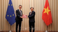 Thứ trưởng Thường trực Bộ Ngoại giao Bùi Thanh Sơn trao Công hàm thông báo phê chuẩn Hiệp định EVFTA và EVIPA cho Đại sứ, Trưởng Phái đoàn EU tại Việt Nam Pier Giorgio Aliberti.