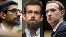Từ trái sang, các CEO, Sundar Pichai của Google, Jack Dorsey của Twitter và Mark Zuckerberg của Facebook. Ảnh: wsj.com