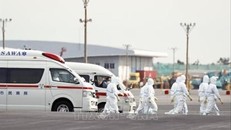 Nhân viên y tế chuẩn bị chuyển các bệnh nhân nhiễm dịch COVID-19 ở du thuyền Diamond Princess tại cảng Hokkaido, miền Bắc Nhật Bản ngày 7/2/2020. Ảnh: Kyodo/TTXVN