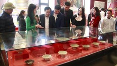 Đại biểu và du khách tham quan khu trưng bày "Cổ vật tiêu biểu thời Lý - Trần trên địa bàn tỉnh Bắc Giang”. 