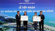 Lãnh đạo Sở Du lịch thành phố và Ban quản lý bán đảo Sơn Trà và các bãi biển du lịch Đà Nẵng tiếp nhận tượng trưng số cây dừa do các tổ chức tặng. 