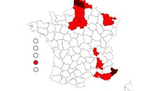 Biểu đồ tình hình dịch bệnh ở Pháp: Màu đỏ là nơi đang được giám sát chặt chẽ. Màu đỏ sẫm là nơi đang bị áp đặt hạn chế tối đa, gồm lệnh phong tỏa vào cuối tuần. (Ảnh: Nhân Dân)