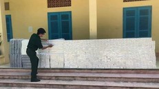 Cán bộ Đồn Biên phòng Bình Thạnh kiểm đếm tang vật thuốc lá vừa thu giữ. Ảnh: Báo Biên phòng