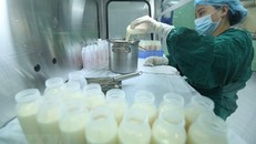 Nhân viên y tế Ngân hàng sữa mẹ thực hiện quy trình bảo quản sữa. (Ảnh: Minh Quyết/TTXVN) 