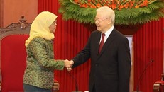 Chiều 17/10, tại Trụ sở Trung ương Đảng, Tổng Bí thư Nguyễn Phú Trọng tiếp Tổng thống Cộng hòa Singapore Halimah Yacob thăm cấp Nhà nước Việt Nam. (Ảnh: Trí Dũng/TTXVN)