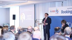 Thủ tướng Phạm Minh Chính phát biểu Hội nghị Thượng đỉnh kinh doanh ASEAN-EU lần thứ 10. (Ảnh: Dương Giang/TTXVN)
